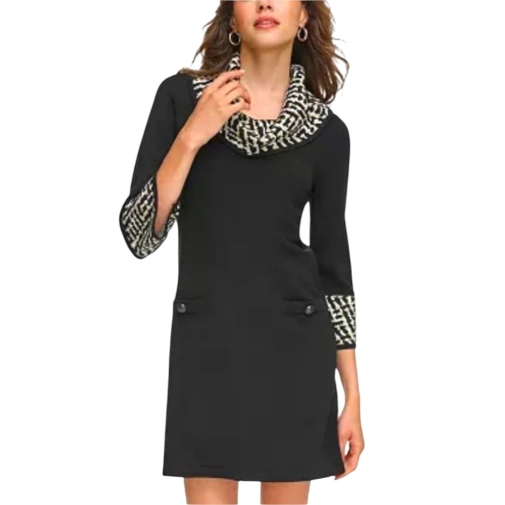Jessica Howard Black White Houndstooth Turtle Neck Shift Sweater Dress Size M